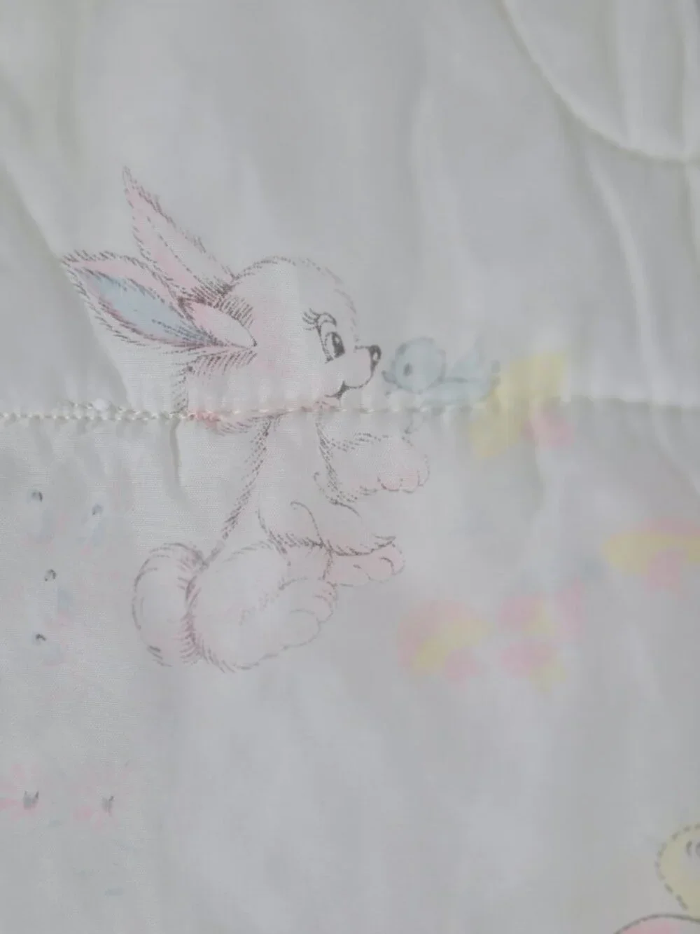 Vintage Sears Satin Quilted Baby Comforter Blanket Sheer Lace Trim Bunny Graphic